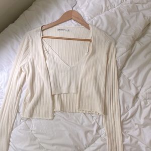 Abercrombie Ribbed Knit Bralette and Cardigan SET - WHITE - S